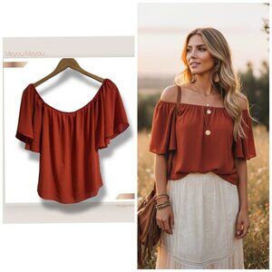 🌿Meyou Meyou Women's Cold Shoulder Pumpkin Orange Drop Sleeve Blouse
